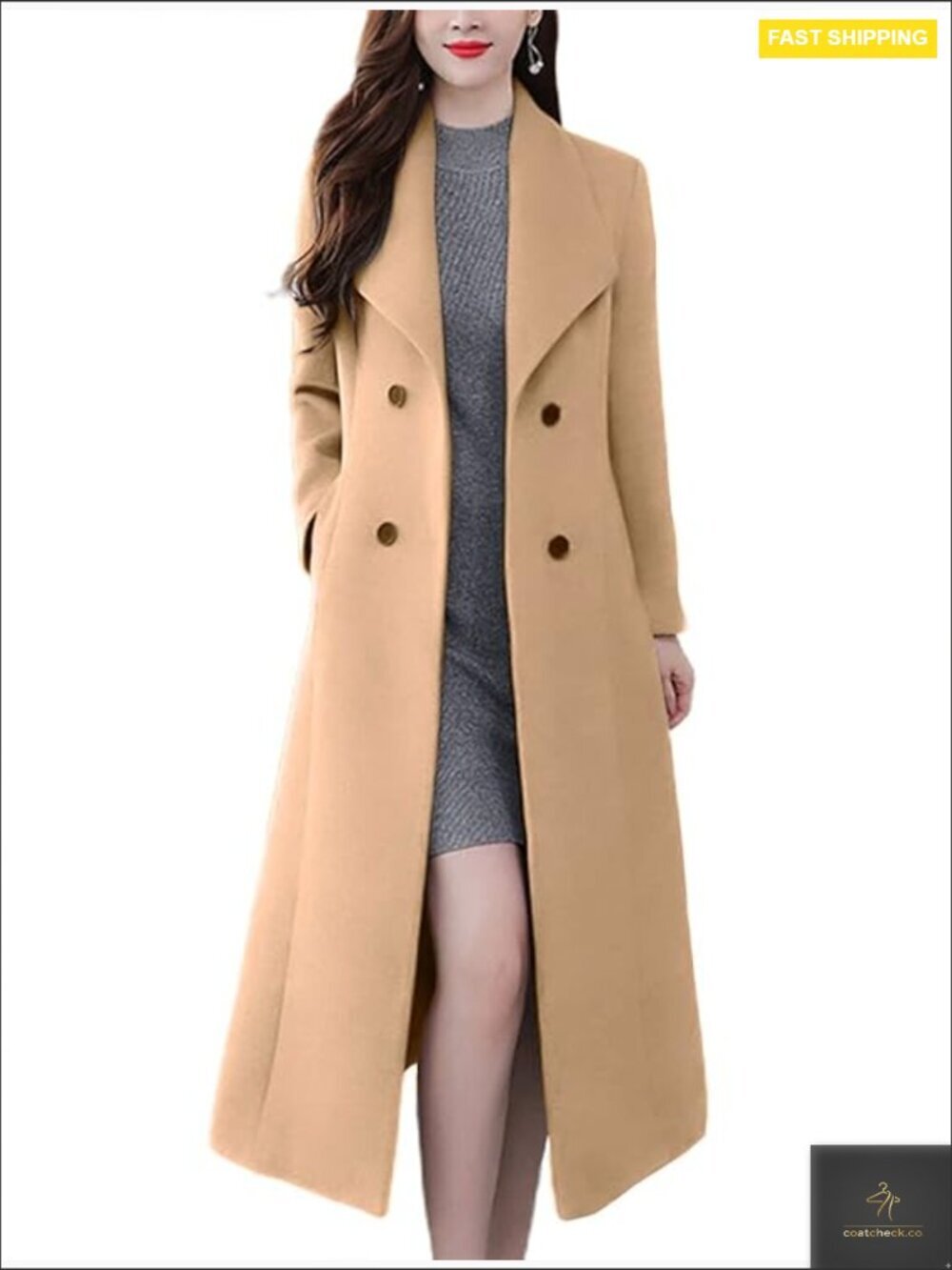 Wool Blend Maxi Pea Coat Shawl Collar Double Breasted Winter Trench Overcoat